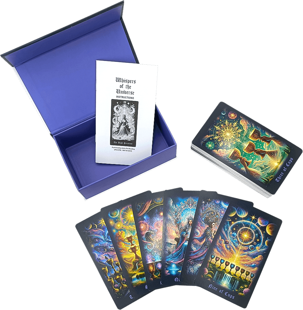 The open keepsake box, illustrated guidebook, and a fan of tarot cards